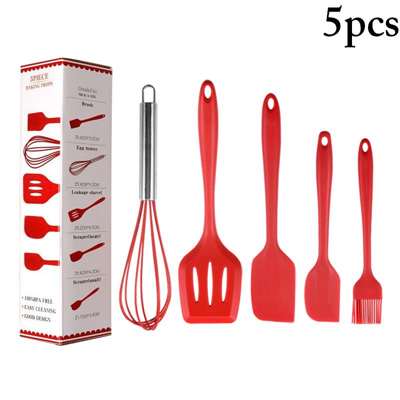 Juego de utensilios de cocina resistentes al calor, utensilios de silicona de grado alimenticio para hornear, accesorios de cocina, 5 unids/set: Red