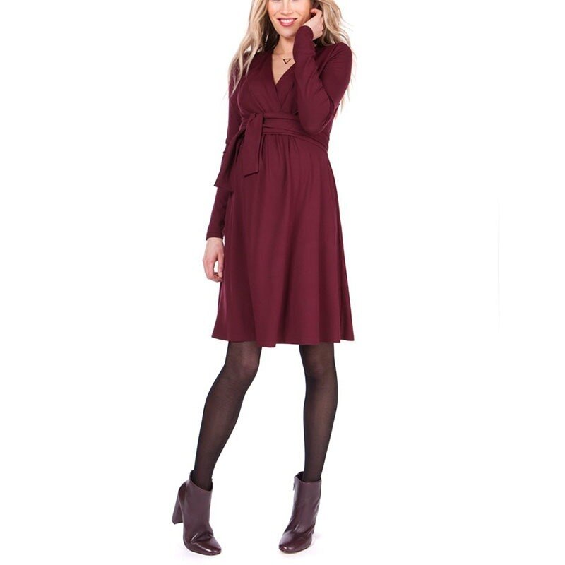 European and American Solid Color Pregnent Wear Nursing Dress Long Sleeve Belt Cross V Neck Nursing Dress Maternity Accessories: Wine Red / S