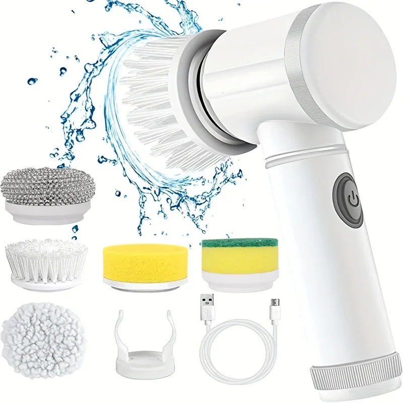 Depurador giratorio eléctrico, cepillo de limpieza inalámbrico para baño, depurador eléctrico con 5 cabezales de cepillo reemplazables, cepillo de limpieza eléctrico