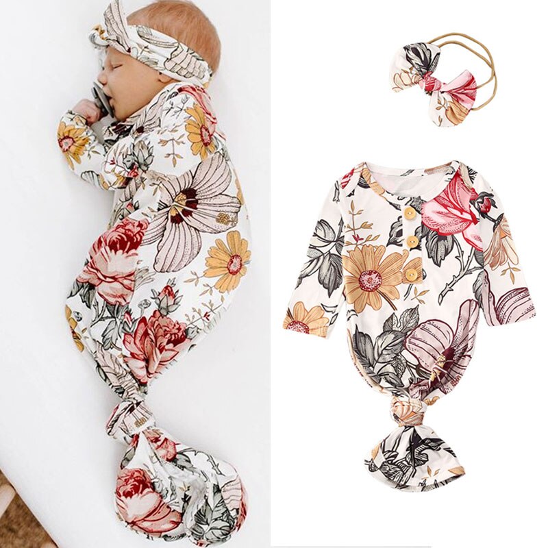 Newborn Toddler Baby Kids Floral Sleepbag Cotton Baby Girls Blanket Swaddle Wrap Gown 2Pcs Outfits Set Sleepbag+ Headband Set