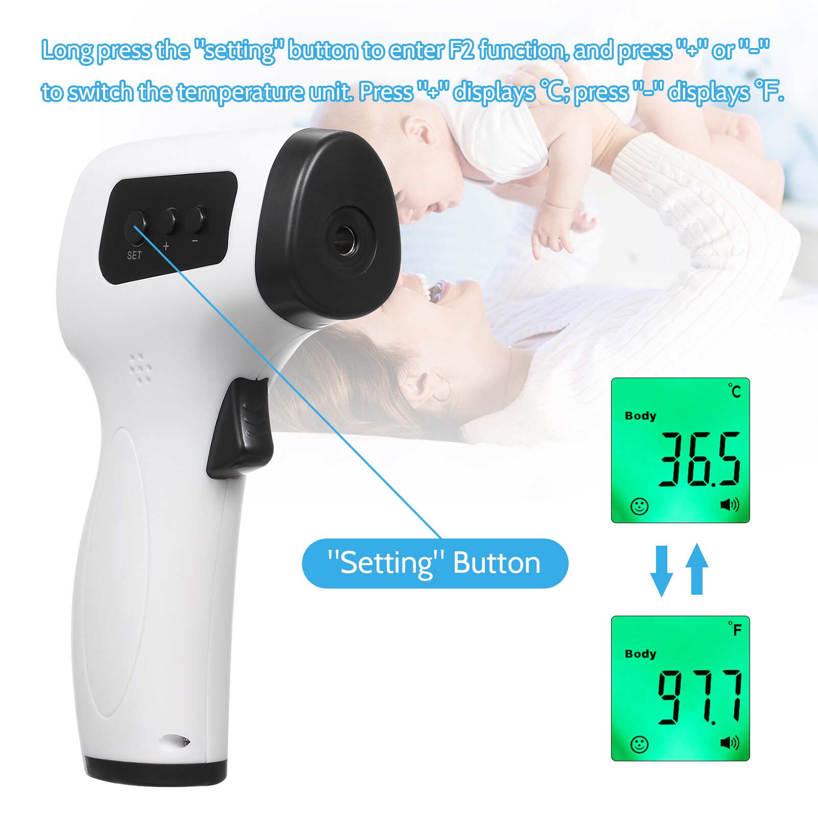 Voice Broadcast Non-contact Infrared Thermometer Forehead Temperature Measurement LCD 3 Colors Backlight Digital Display ℃/℉