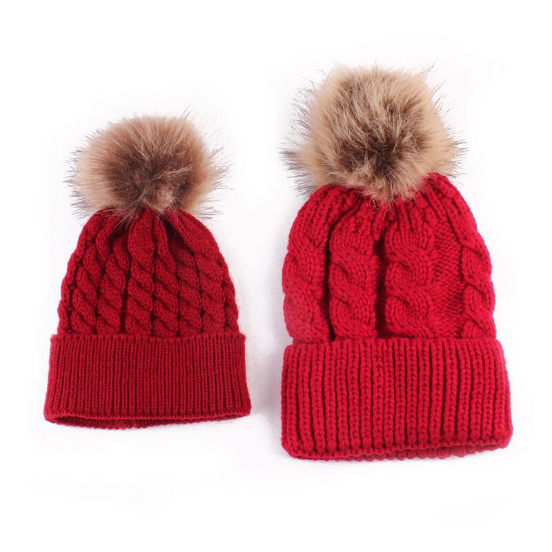 Emmababy familj matchande look vintermössa mamma och barn bebis varm vinterstickad mössa 2 st/set pälsmössa: Rosröd