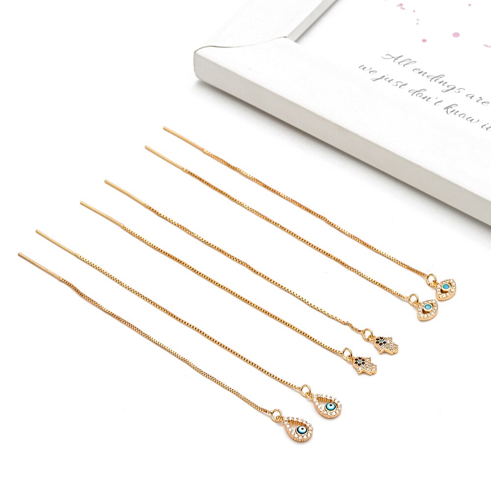 Lucky Eye Fatima Hamsa Hand Evil Eye Earrings Gold Color Tassel Chain Long Dangle Earrings for Women Girls Jewelry BD18