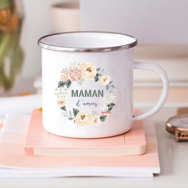 Tasses à café imprimées à fleurs françaises pour Maman, tasse créative pour boissons, eau et lait, en émail, poignée de maison, articles pour boissons, meilleurs pour mères: XH3889-A015WH-8