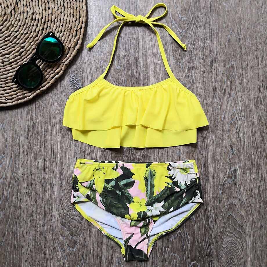 5-14 Years Girl Swimsuit Kids Swimwear Leaf Print Teenage Girl Bikini Halter Top Girls Bathing Suit Falbala Children's Swimwear: Yellow / 12