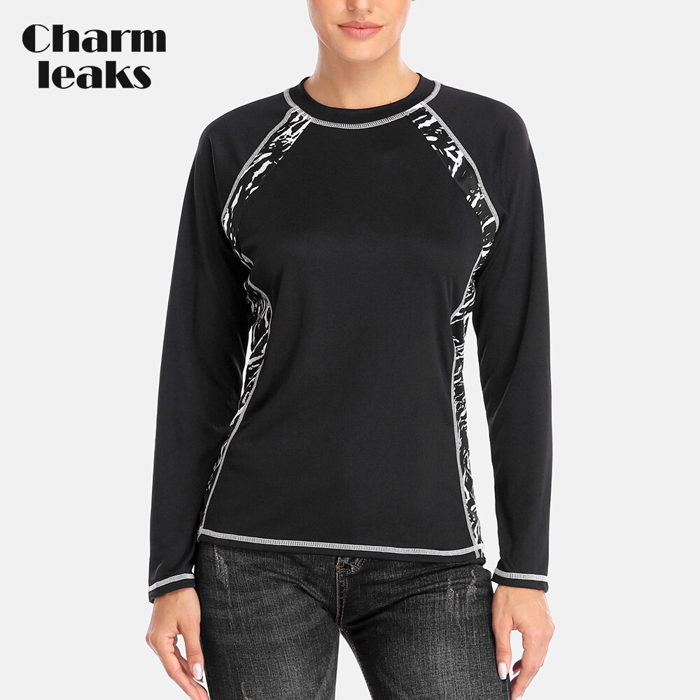 Charmleaks Vrouwen Lange Mouwen sneldrogende Shirt Patchwork Rashguard Rijden Top Rash Guard UPF50 + Wandelen Shirts: BLA / Xl