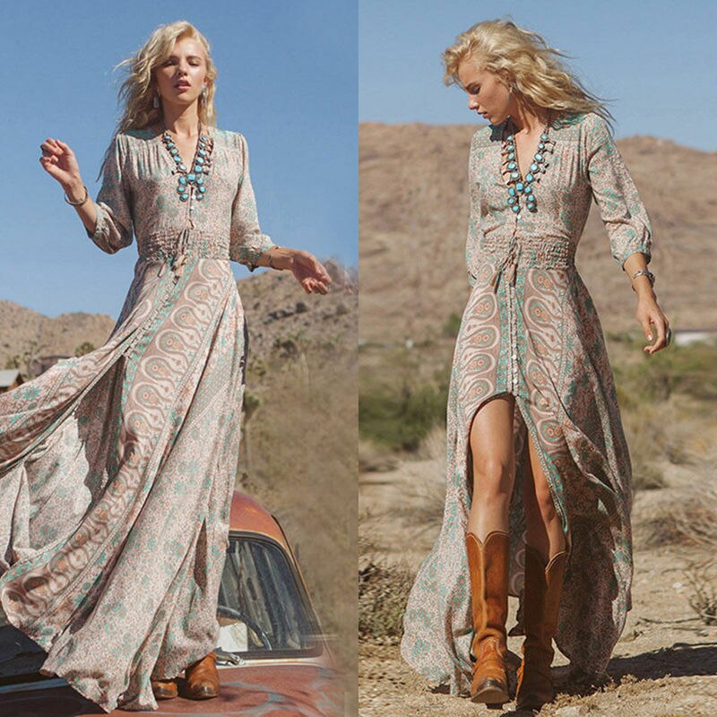 Women Summer Boho Chiffon Hippie Floral Beach Dresses Long Maxi Dress Split Sundress