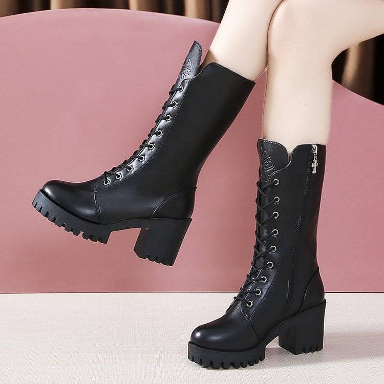 Botas de Media Caña con Plataforma para Mujer, Zapatos de Tacón Alto Informales con Cordones y Cremallera, Calzado para Tiempo Libre, para Otoño e Invierno