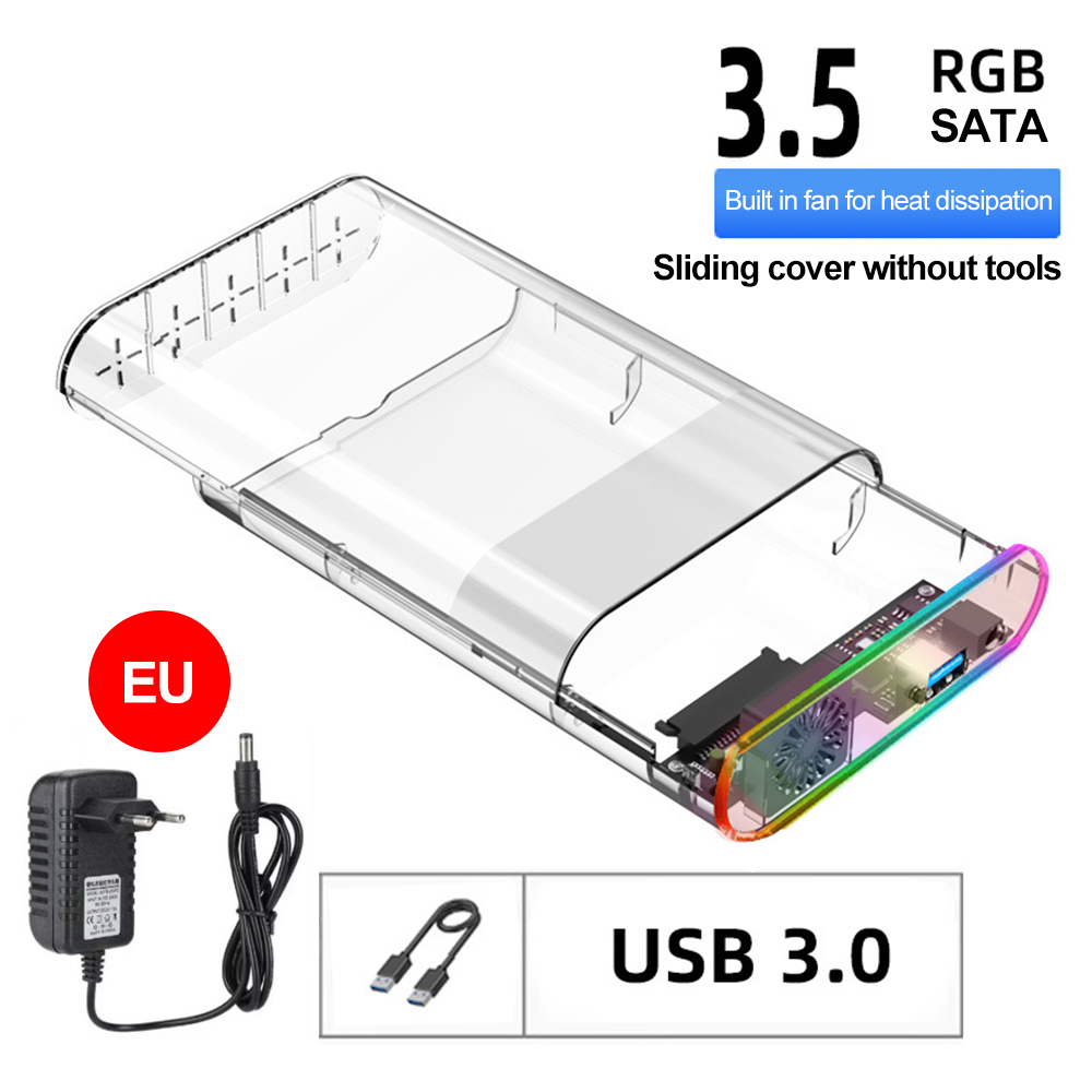 2.5/3.5 Inch RGB SATA HDD Case SATA to USB 3.0 Type C Transparent SSD Adapter External Storage Hard Support 28TB Disk Drive Box: Silver