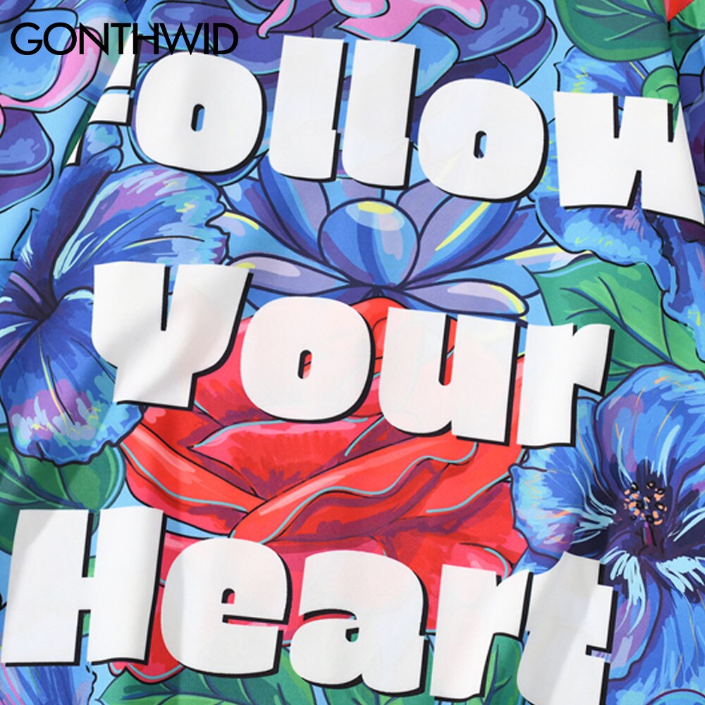 Gonthwid Rose Bloemen Print Bloemen Hawaiian Strand Shirts Streetwear Mannen Hip Hop Harajuku Lange Mouw Knop Party Blouse Tops