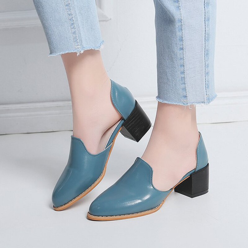 Lente/Herfst Vrouwen Schoenen Leer Pompen Hoge Hak Casual Schoenen Mode Wees Slip-op Ondiepe Schoenen Vrouw plus Size 35-43: Blauw / 9