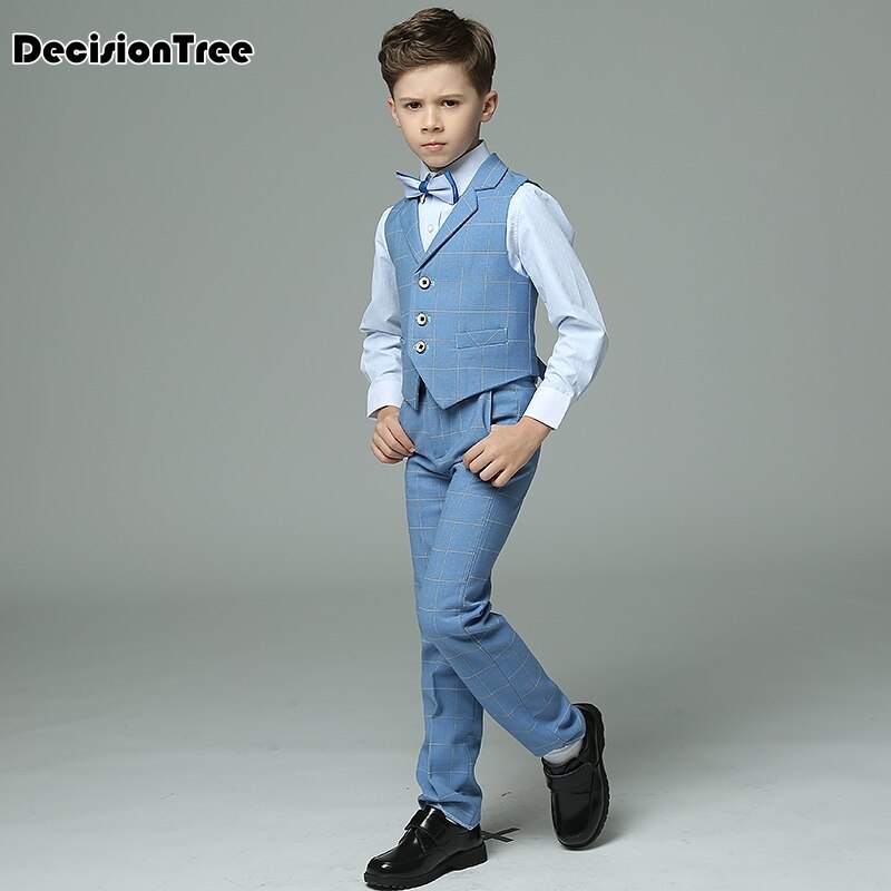 nuevos trajes de niños a cuadros azul claro chaleco establece trajes de boda para niños esmoquin ropa de boda para chicos terno meninos