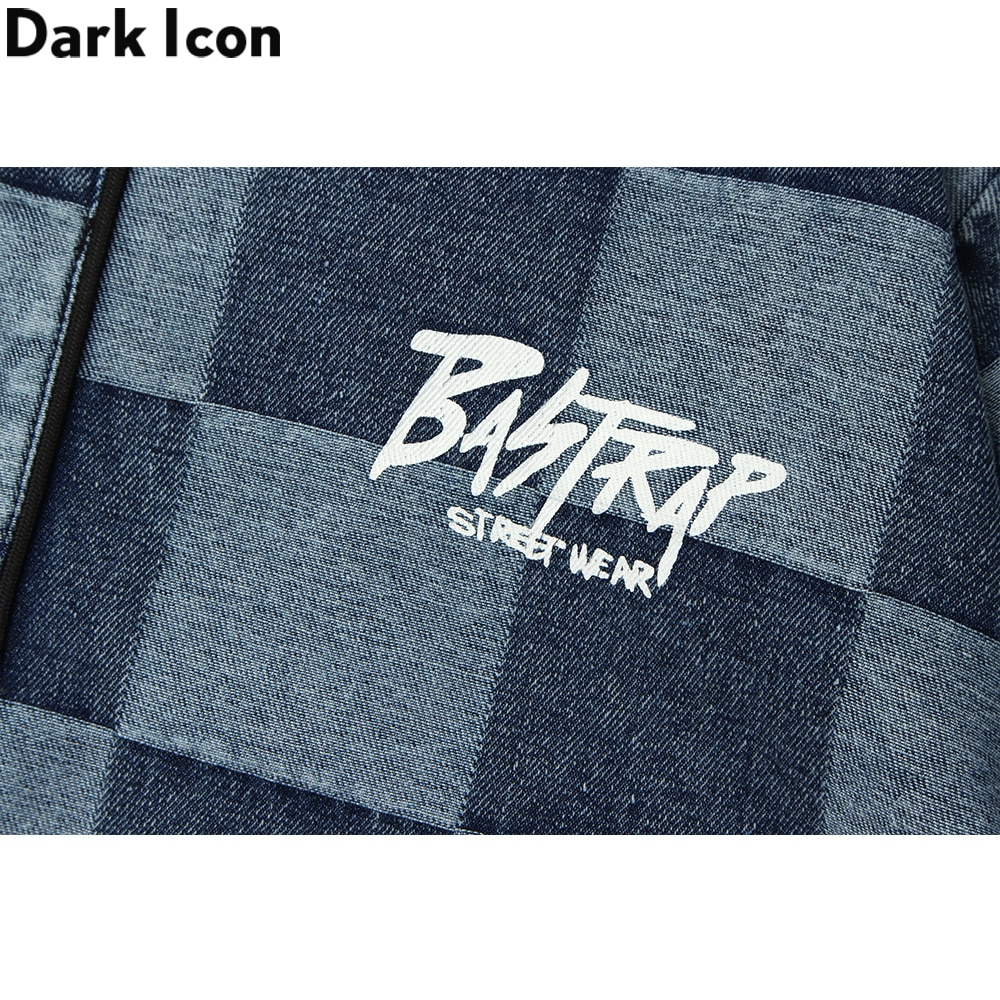 Dark Icon Plaid Denim Baseball Shirt Letters Printed Hip Hop Shirts Men Streetwear Outerwear Men's Shirt Short Sleeve