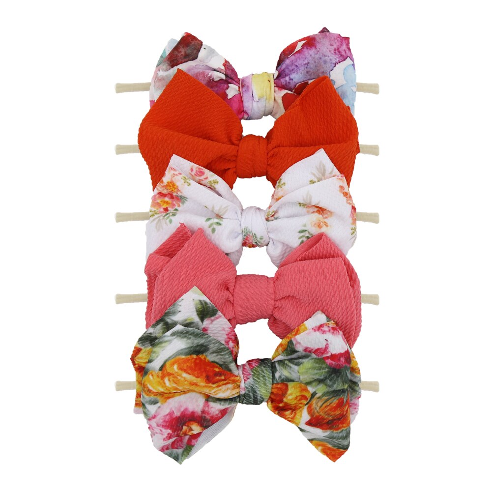 5Pcs/Lot Flower Print Elastic Nylon Band 5.9'' Big Bow Knot Headband Newborn Non-Marking Hair Accessories: mix3