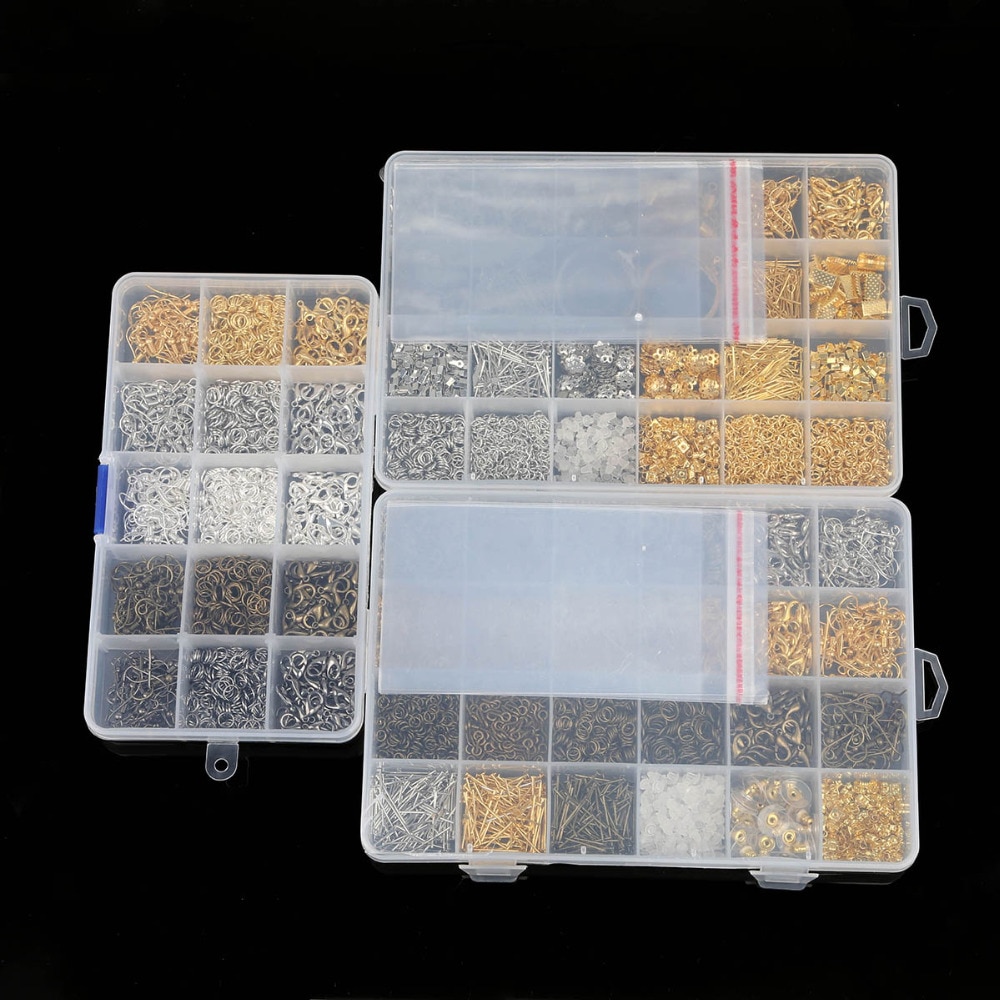 1 boîte 15/24 grille bijoux à bricoler soi-même matériaux de fabrication anneaux/homard fermoir/crochet/Torus/aiguille/Clip/bouchons d'oreilles faisant boîte perles Kit