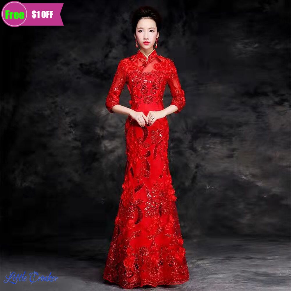 Lace Chinese Red Wedding Dress Sexy Queen Oriental Party Female Cheongsam Stage Show Qipao Celebrity Banquet Dresses