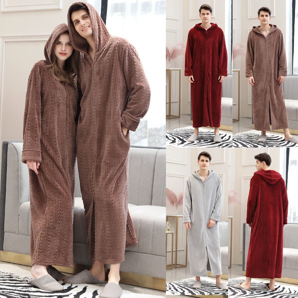 Couples Men's Lengthened Bathrobe Zipper Home Clothes Long Sleeved Robe Coat Patchwork Casual Handsome Long Sleeve Bathrobe