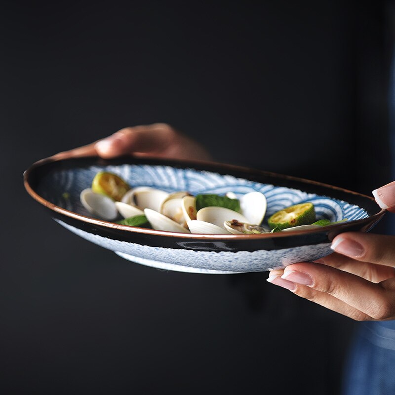 Hand-painted Japanese oval household ceramic long plate fruit plate shallow mouth salad plate dinner plate