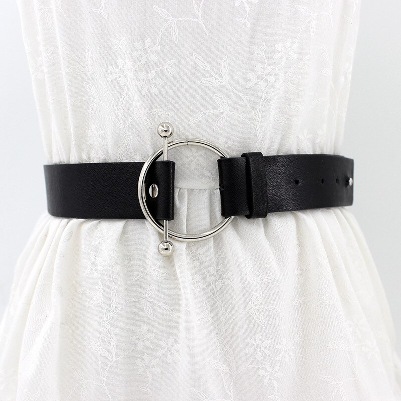 Newest Silver Round buckle belts woman women's belts without pin metal buckle black leather strap belt dames riemen