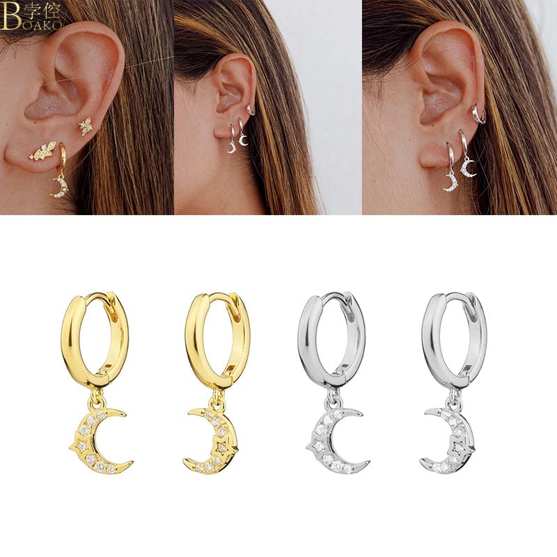 925 Sterling Silver Earrings For Women Golden Silver Small Hoop Earrings Girl Ear Bone Earring Zircon Luxury Bling Moon Star