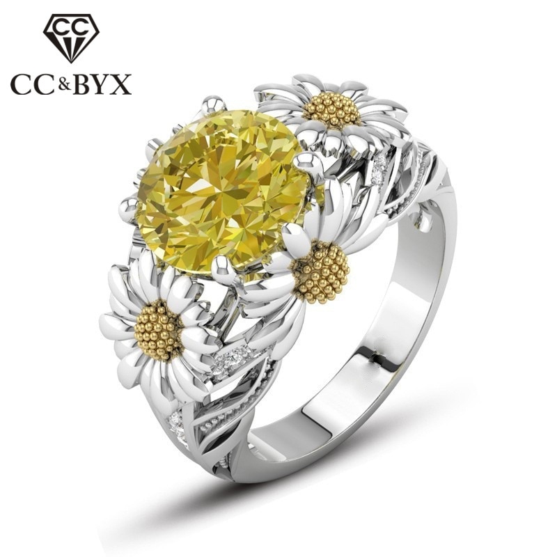 Anneaux de tournesol CC pour femmes, bijoux de mariage de fiançailles, pierre ronde, zircone cubique, accessoires CC2012