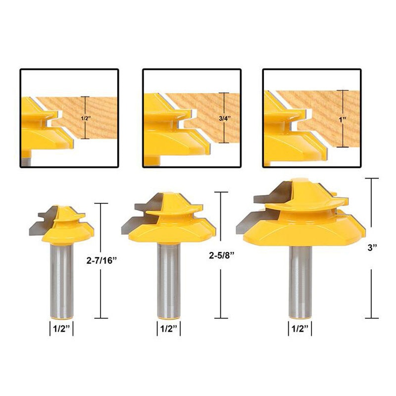 3Pcs 45 Degree Lock Miter Glue Joint Router Bit Woodwork Cutter Set-1/2" Shank