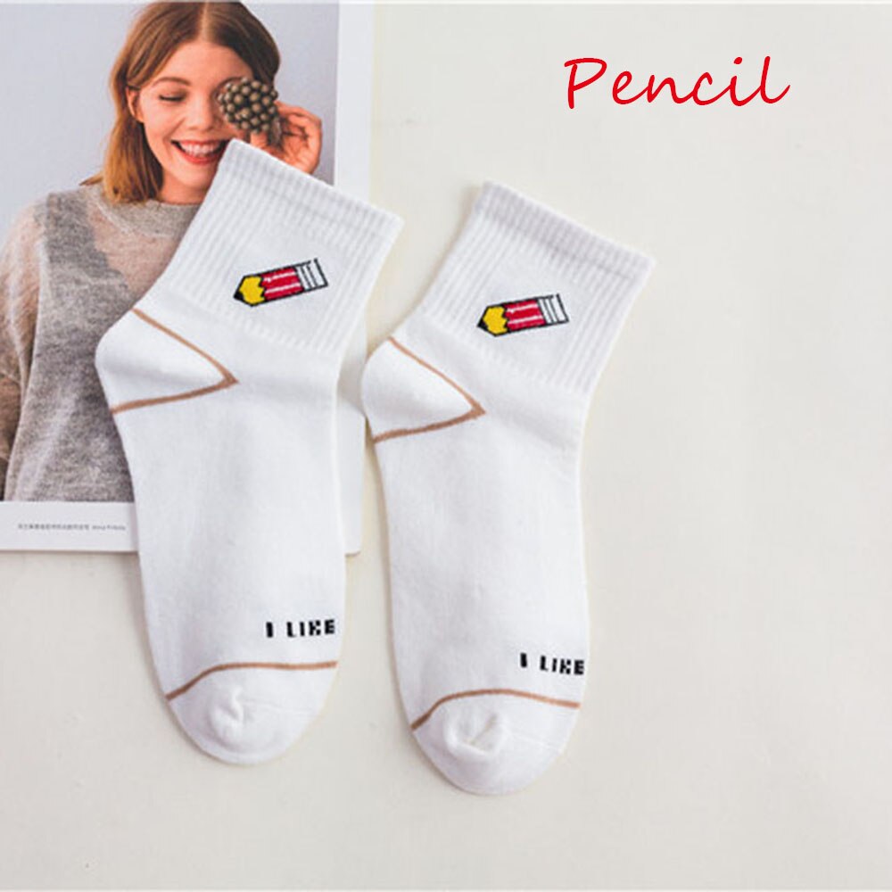 Women Socks Cartoon White Cute Banana Milk Dinosaur Cotton Warmth Long Socks Cute Funny Illustration Letter Socks: pencil