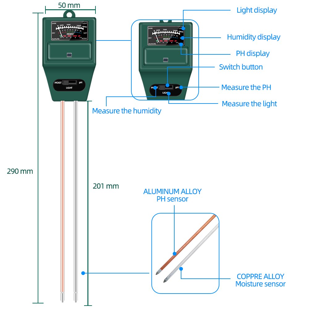 Medidor de Ph y humedad del suelo, medidor EC para el suelo, TDS CF, luz solar, humedad, jardín, Sensor de humedad del suelo opcional