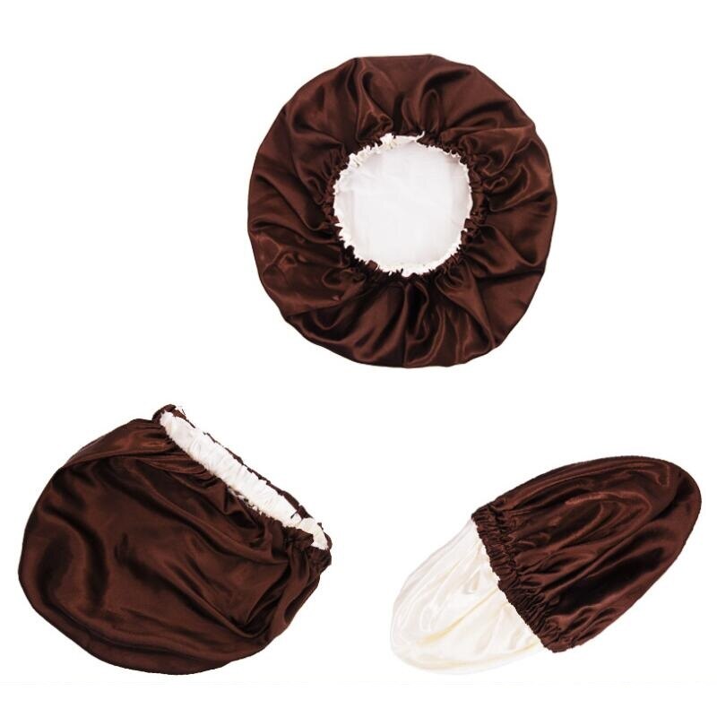 Effen Kleur Omkeerbaar Zijdeachtig Satijn Motorkap Dubbele Laag Slaap Night Cap Head Cover Motorkap Hoed Voor Voor Krullend Veerkrachtig Hair zwart