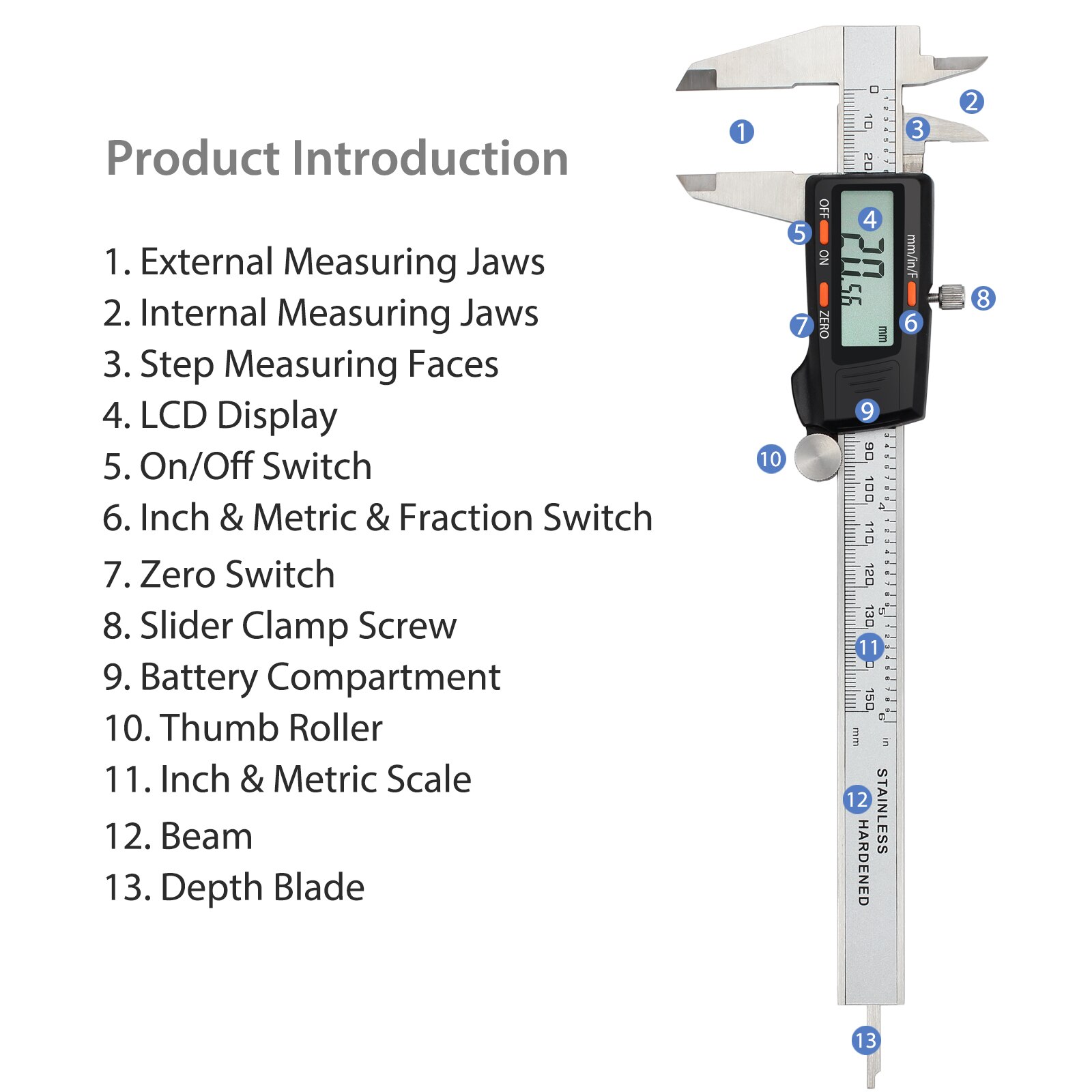 Neoteck Digital Vernier Caliper Feeler Gauge 150mm/6Inch Stainless Steel Electronic Caliper Fractions/Inch/Metric Measuring Tool