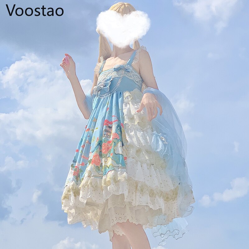 Robe Lolita JSK en dentelle pour filles, tenue de princesse sans manches, Vintage, Chic, imprimé, nœud, mignon: Blue Jsk Dress / S