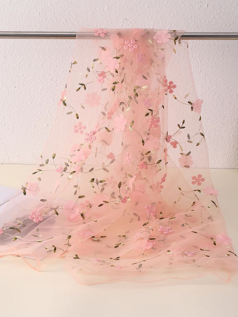 Tulle Fabric Pink Flower Embroidery Mesh Lace Fabric Soft Tulle Lace Fabric for Wedding Party Christmas Decoration