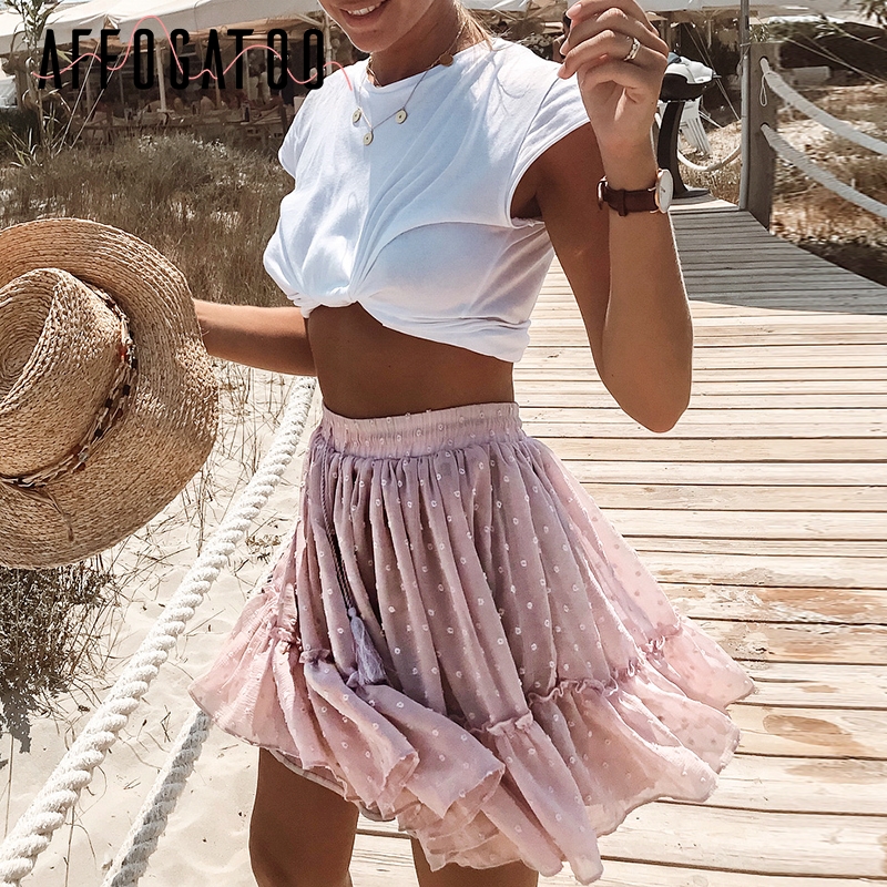 Affogatoo ledig prickig volang sommar rosa kjol kvinnor en linje hög midja veckad kort kjol blommig strandkjol i chiffong