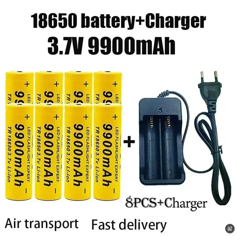 100% Original 3.7V 18650 Battery 9900mAh Lithium Rechargeable Battery flashlight Toys fans battery+charger: Red