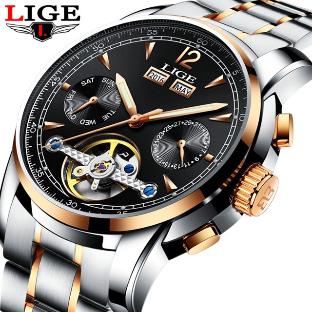Männer Uhren Luxus oben LIGE Tourbillon Mechanische Sport Uhr Mens Geschäft Automatische Uhr Mann Relogio Masculino: Gold Schwarz