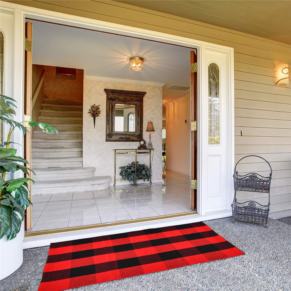 Hand-Woven Cotton Plaid Area Rug Anti Slip Doormat Floor Mat Layered Carpet for Laundry Kitchen