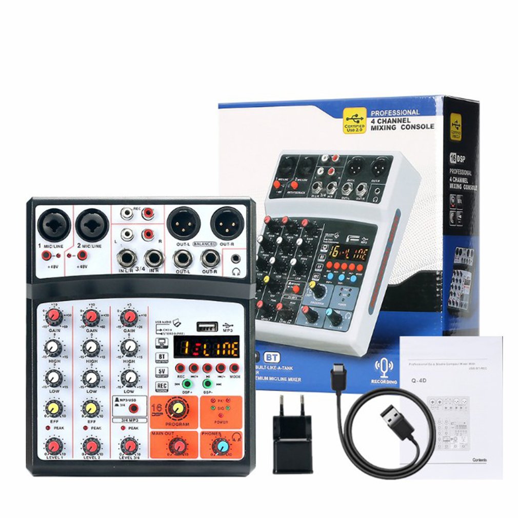 Tragbares mini-audio-dj-mixer-pult mit 4- kanälen, soundkarte, usb , 48v und phantomspeisung für pc-aufnahmen, gesang, webcasts und partys