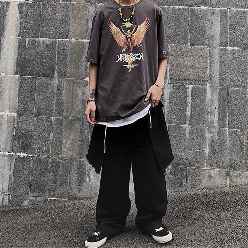Falda desmontable Harajuku, pantalón vaquero suelto para hombres y mujeres, ropa de calle, pantalones vaqueros rasgados de pierna ancha lavados, pantalones holgados Hip Hop