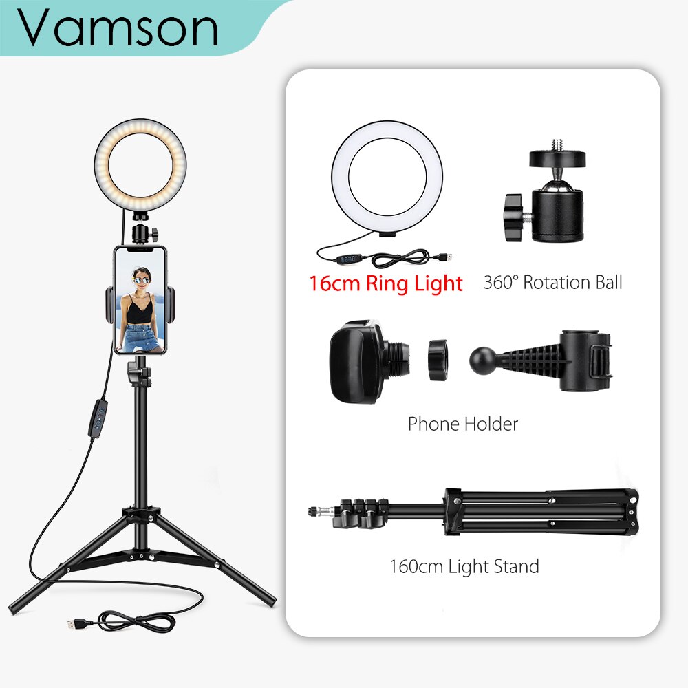 Vamson Selfie LED Anello di Luce della lampada con il Treppiedi Del Basamento Del Supporto Del Supporto Del Telefono per Streaming In Diretta/Trucco/YouTube Video Fotografia illuminazione anulare: VLS10B-VL16 Set
