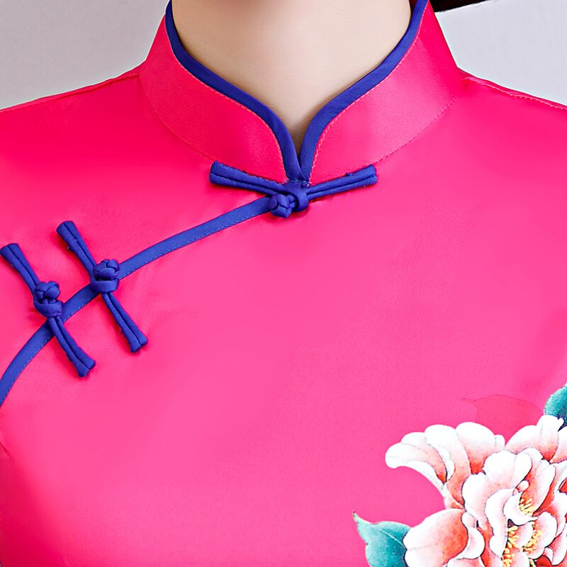 Plus størrelse 6xl kvindelig satin traditionel kinesisk kjole print med korte ærmer qipao vintage orientalsk cheongsam: Rosenrød / Xl