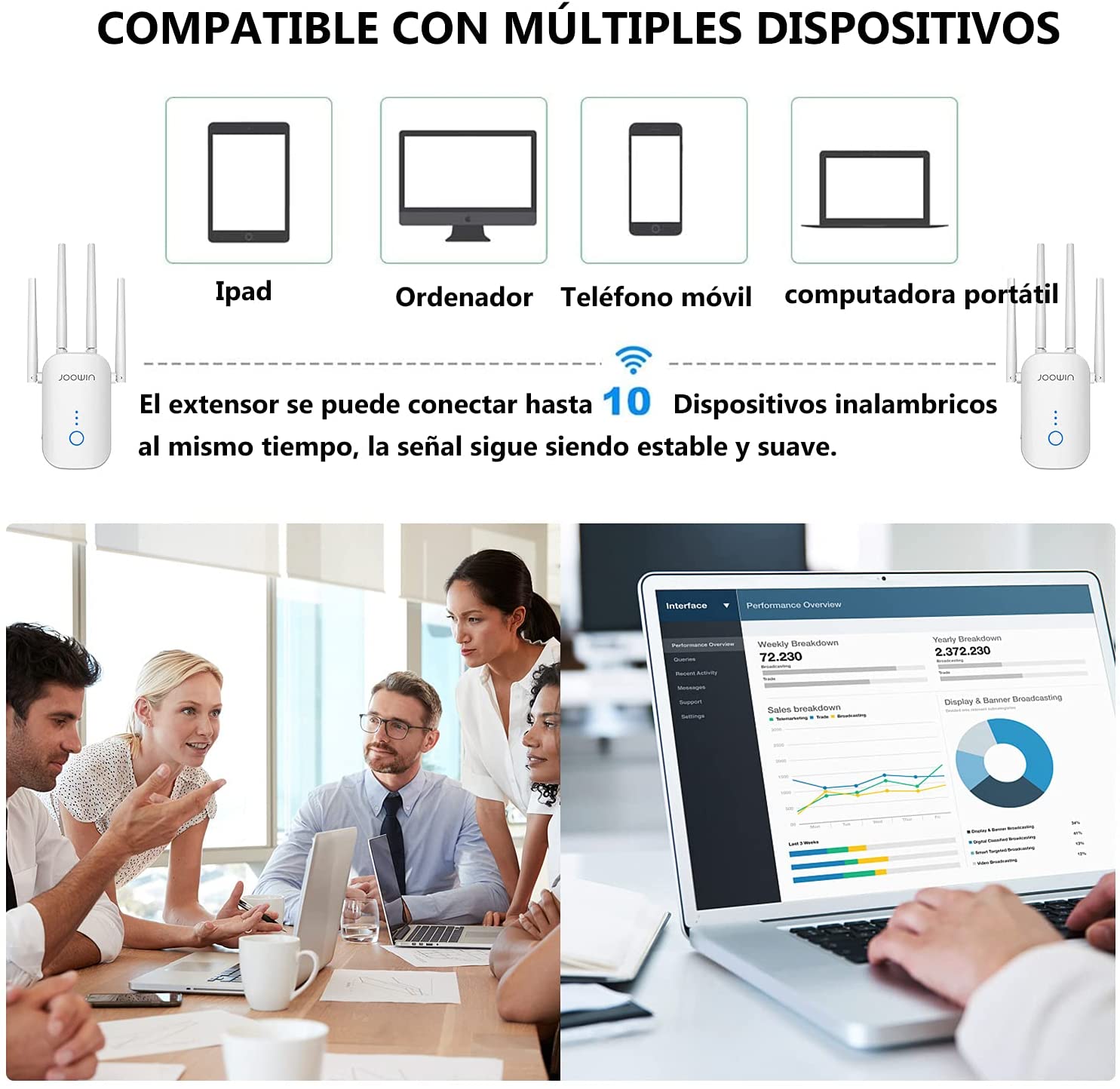 JOOWIN AC1200 Repetidor WiFi 2,4GHz&amp;5GHz Amplificador WiFi WiFi Range Extender WiFi Booster con Ap/Repetidor/Enrutador Modo,WiFi Repeater con 4*3 dBi Antenas y Puerto LAN/WAN
