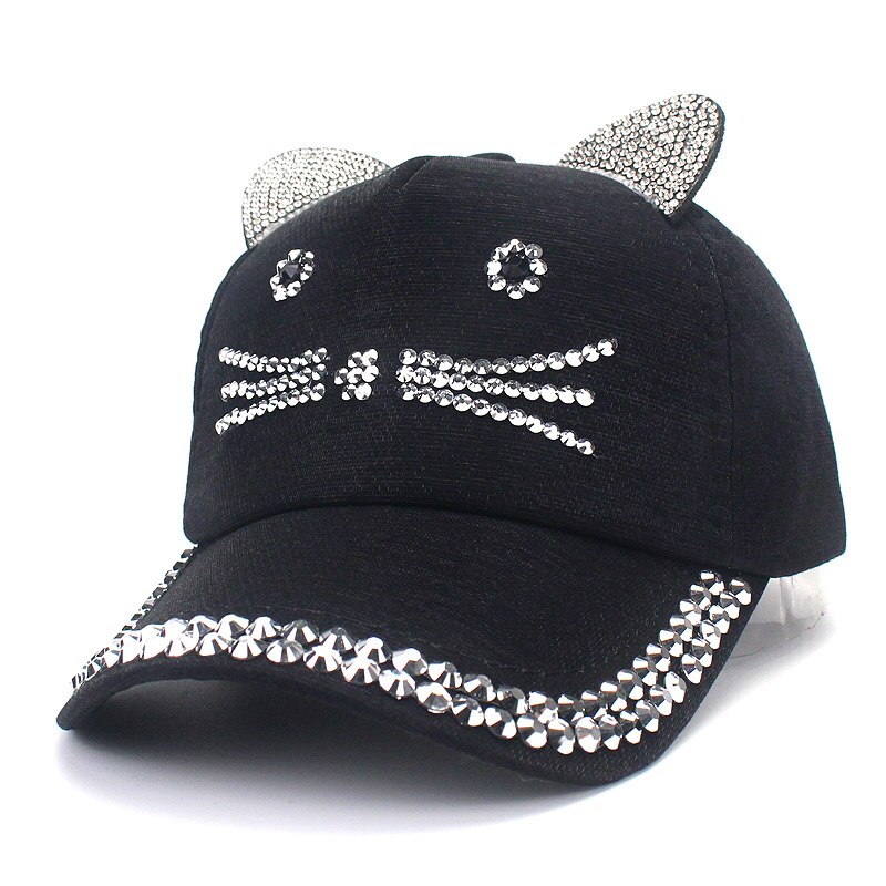 Gorra de béisbol ajustable con orejas de gato para niños, gorro con diamantes de imitación, perlas, ajustable, para primavera y verano: D