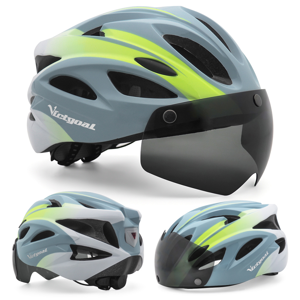 VICTGOAL Adults Goggle Bike Helmet LED Rear Light Men Women Cycling Helmet Road Bicycle Helmets MTB E-Bike Scotter Headgear M/L: GreyWhite Helmet