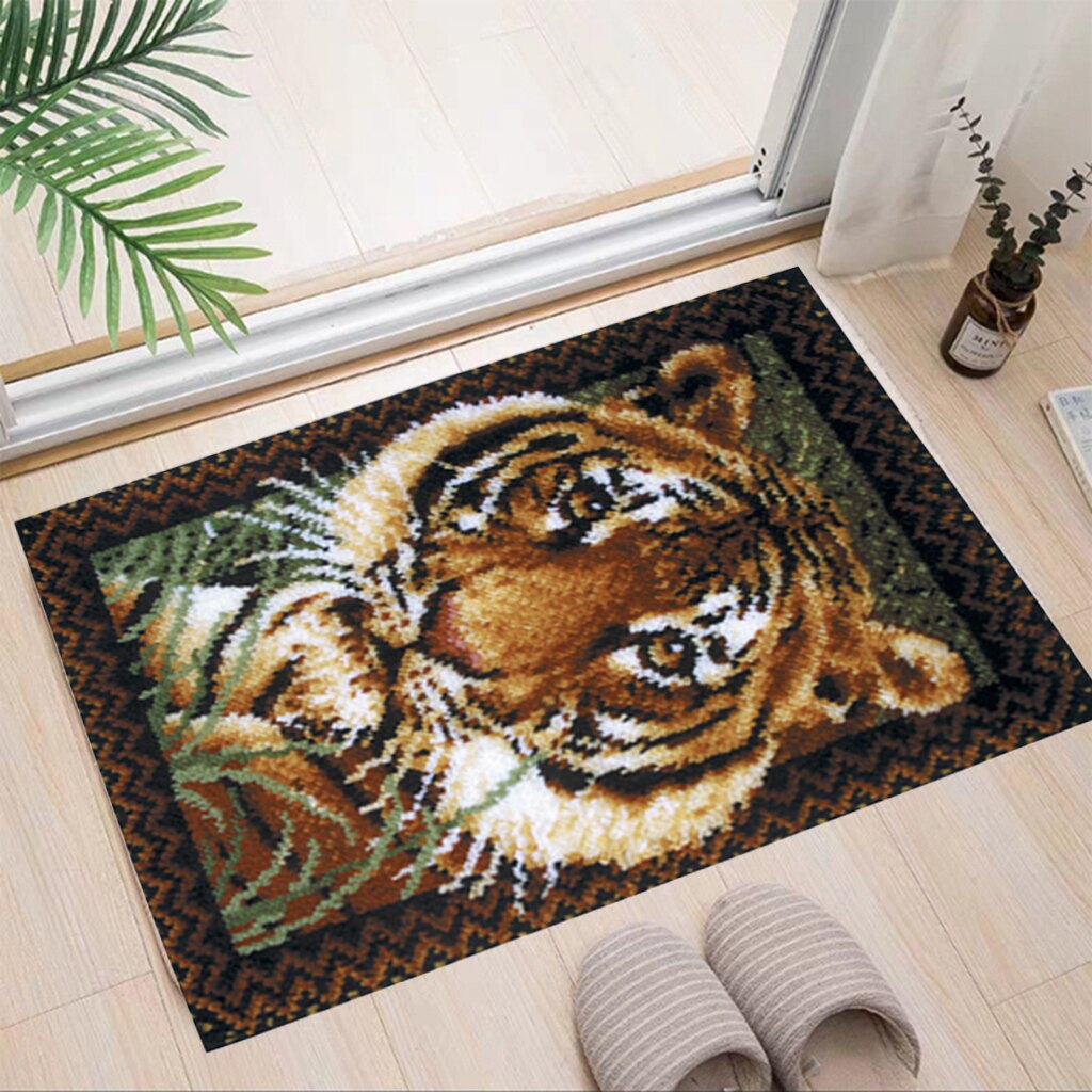 DIY Latch Hook Rug Kits for Kids Beginners Carpet Making Animal Tiger/Wolf/Owl Pattern Hooking Crafts - 85x62cm