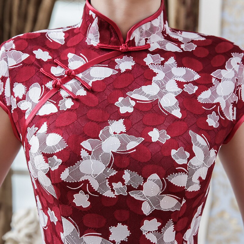 Vestidos Qipao de encaje rojo oscuro Vestido Cheongsam de verano tradicional chino Vestido de manga corta moderno exquisito Chipao XXL
