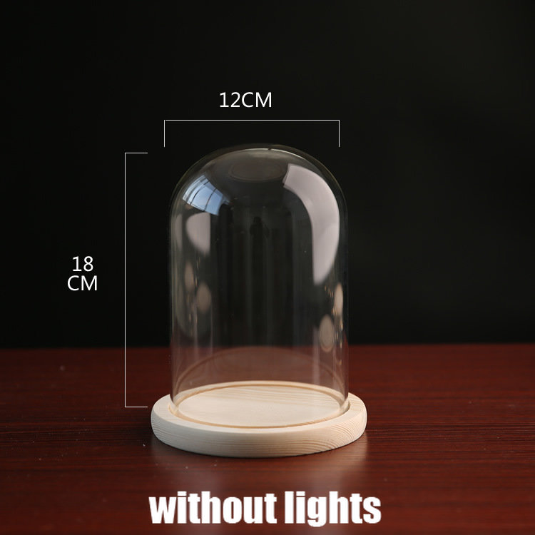 Tabletop Display Glass Cover Terrarium Container Decor Dry Flower Ornaments Craft Bell Jar Wood Base with Feet LED Light Holder: light yellow