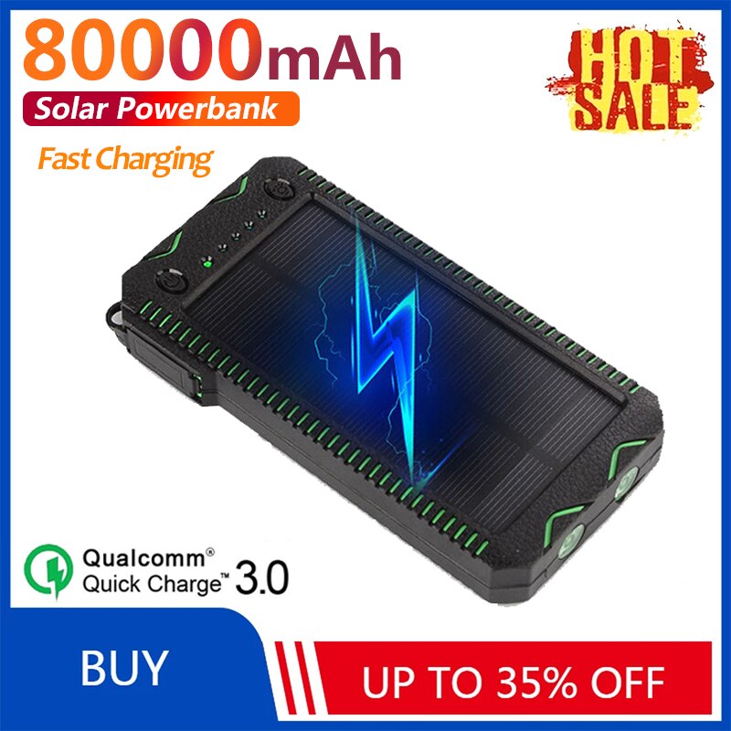 High capacity waterproof 80000 mah solar power bank external battery outdoor travel charger for xiaomi samsung iphone
