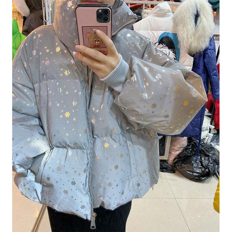 snowflake Winter warm overcoat long reflective jacket luminous casual coat thick streetwear loose glowing parka padded outwear