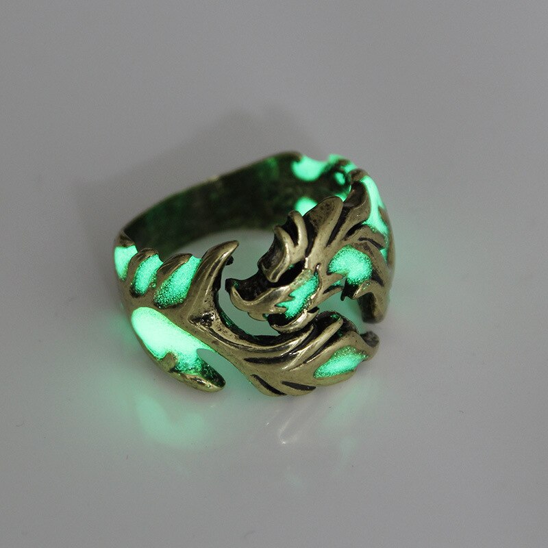 Gothic Punk Noctilucent Dragon Rings Vintage Silver Plated Luminous Glow In The Dark Pterosaur Ring for Men Halloween Jewelry: 10 / Bronze Green