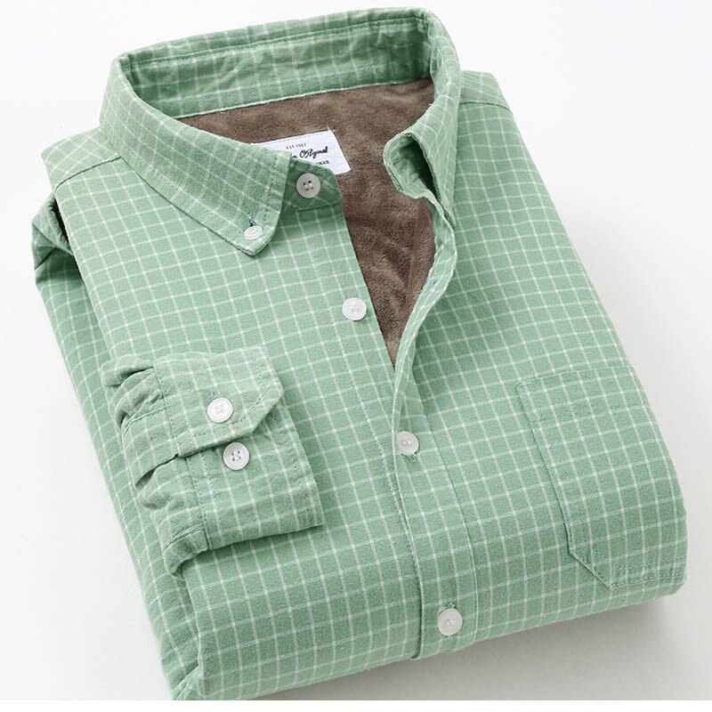 Schinteon mænd vinter varm skjorte 100%  slibende bomuld fløjl foer flannel bund plaid skjorte s -4xl top: Grøn / Xxxl (asiatisk størrelse)